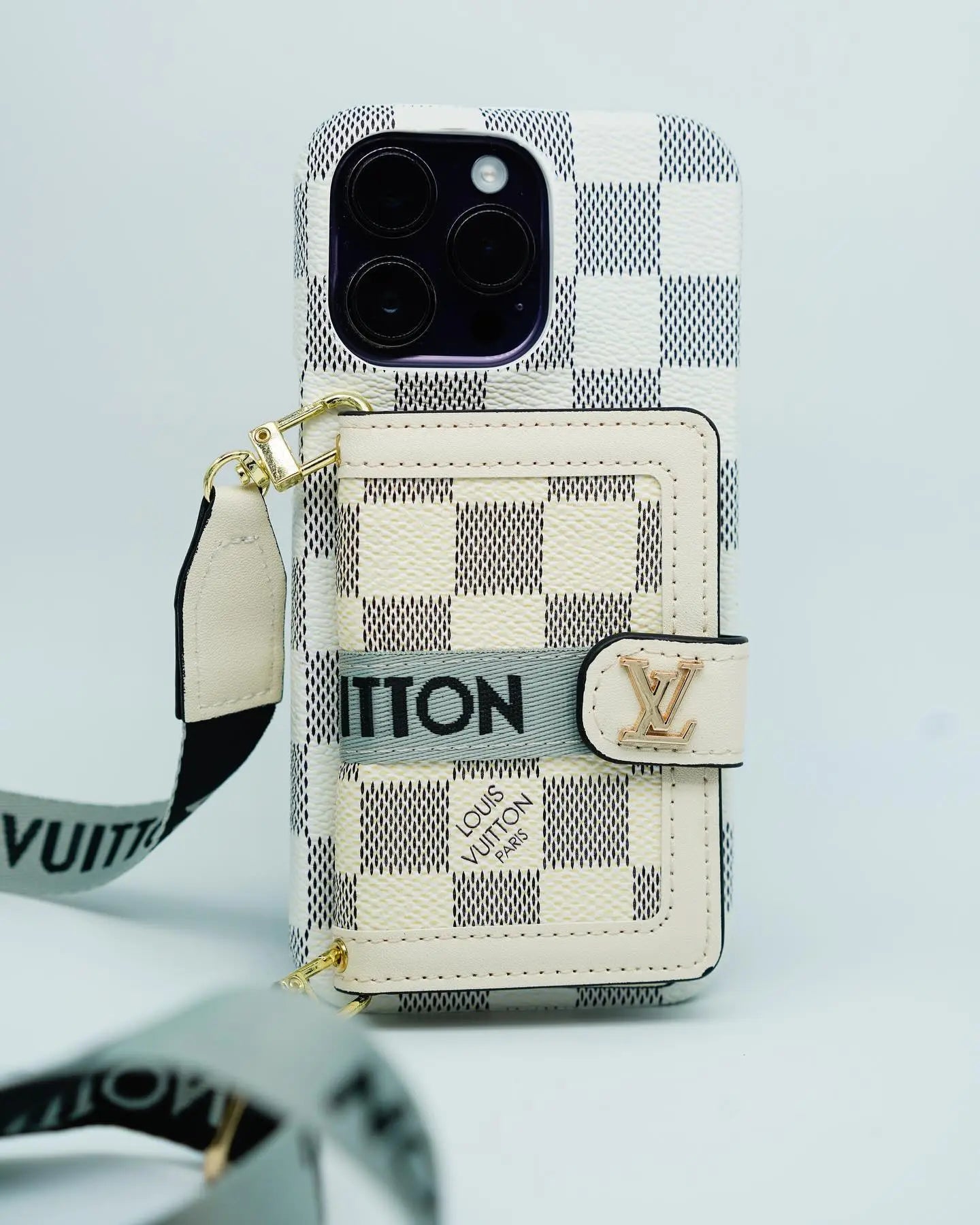 White LV iPhone Case Cardholder with Strap - SereneShop