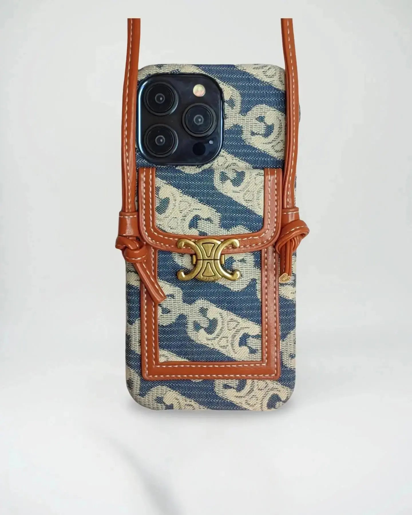 Celine-Inspired Lunéa Crossbody iPhone 16 Pro Max Case – Luxury Canvas & Leather Pouch with Gold Parisian Emblem - SereneShop
