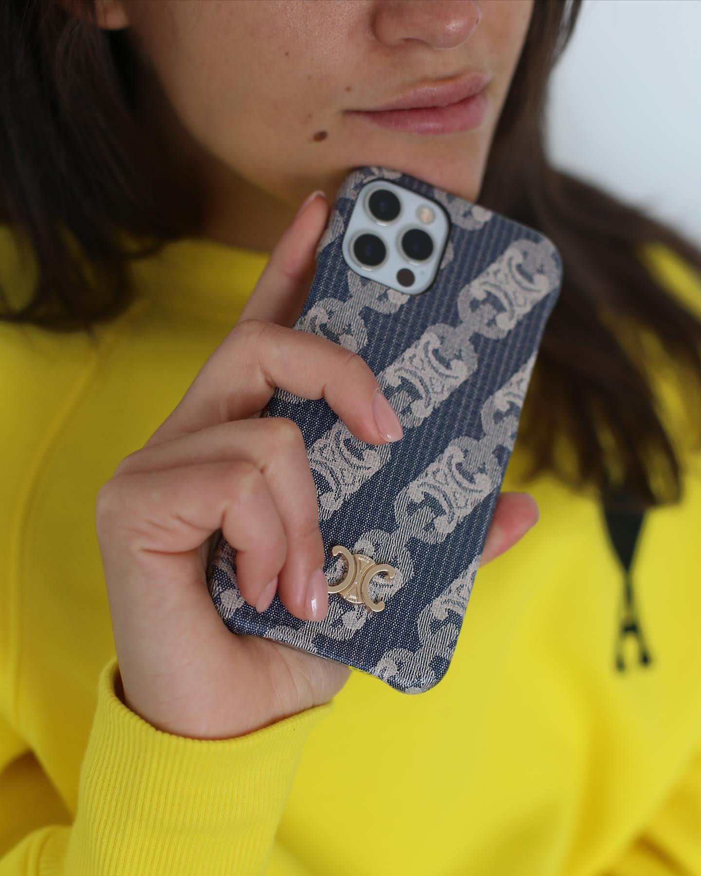 Denim Celine iPhone 16 Pro Max Case – Luxury Monogram Edition with Gold Logo