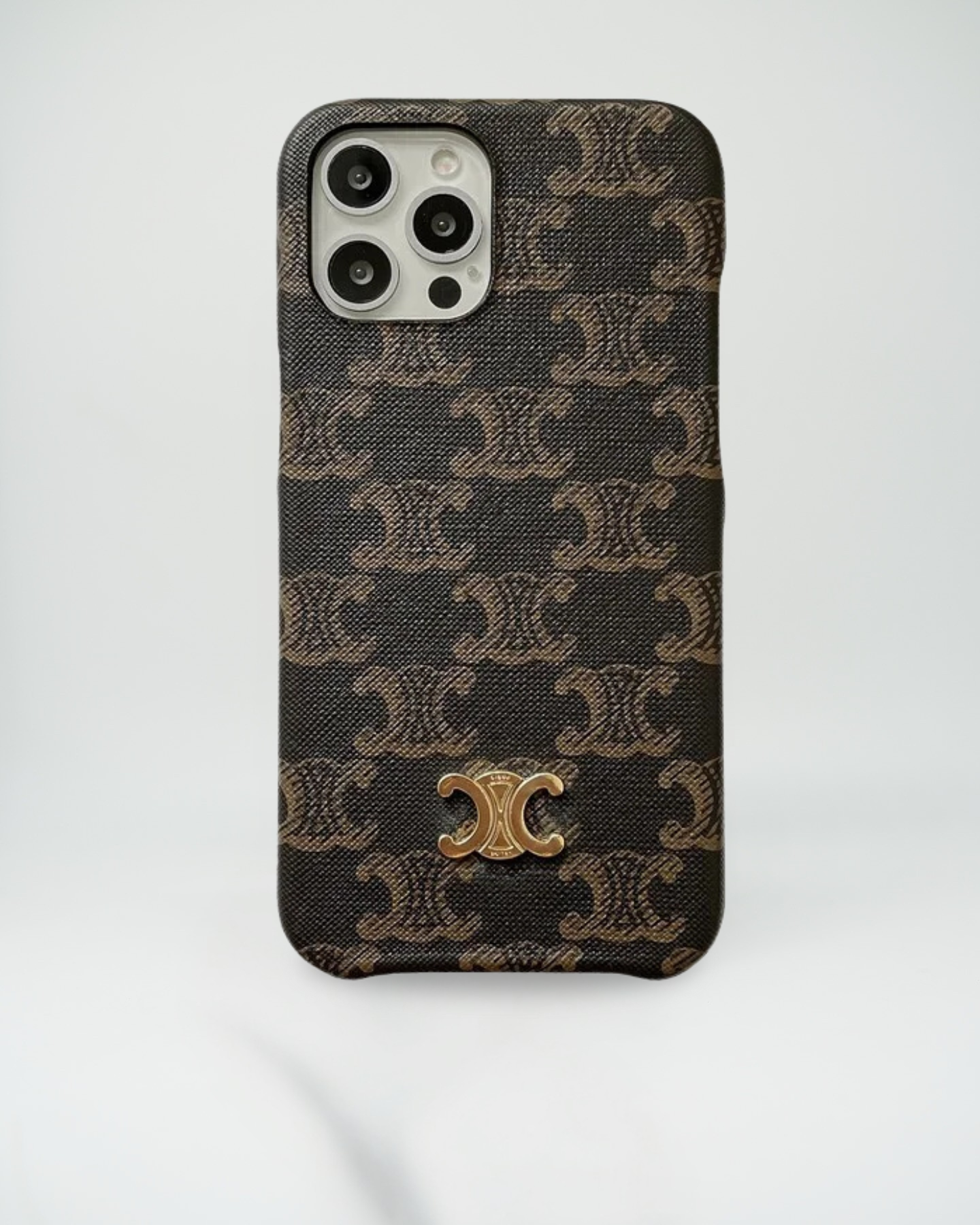 Triomphe Deep Brown Celine iPhone 16 Pro Max Case - Gold Monogram On Canvas