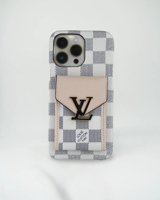White Checkered Louis Vuitton iPhone 17 Pro Max Case With Cardholder - SereneShop