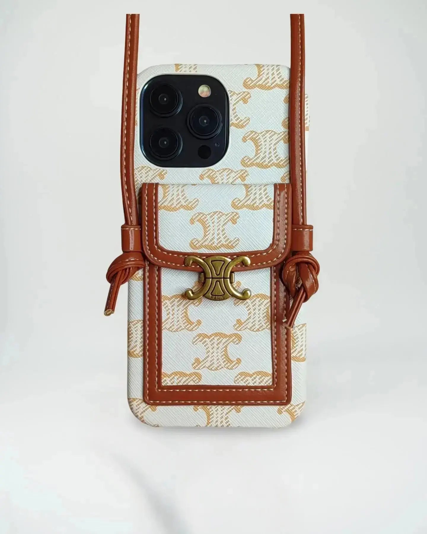Celine-Inspired Lunéa Crossbody iPhone 16 Pro Max Case – Luxury Canvas & Leather Pouch with Gold Parisian Emblem - SereneShop