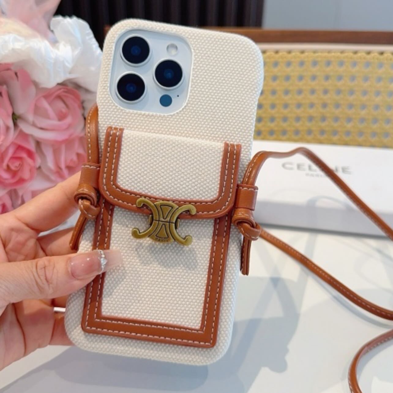 Celine-Inspired Lunéa Crossbody iPhone 16 Pro Max Case – Luxury Canvas & Leather Pouch with Gold Parisian Emblem