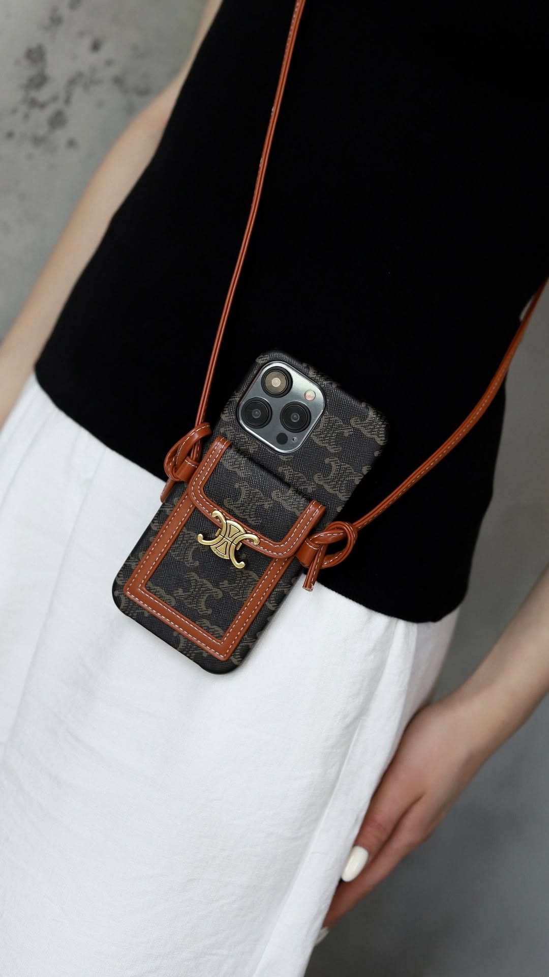 Lunéa Sombre – Celine-Inspired Monogram Crossbody iPhone 16 Pro Max Case