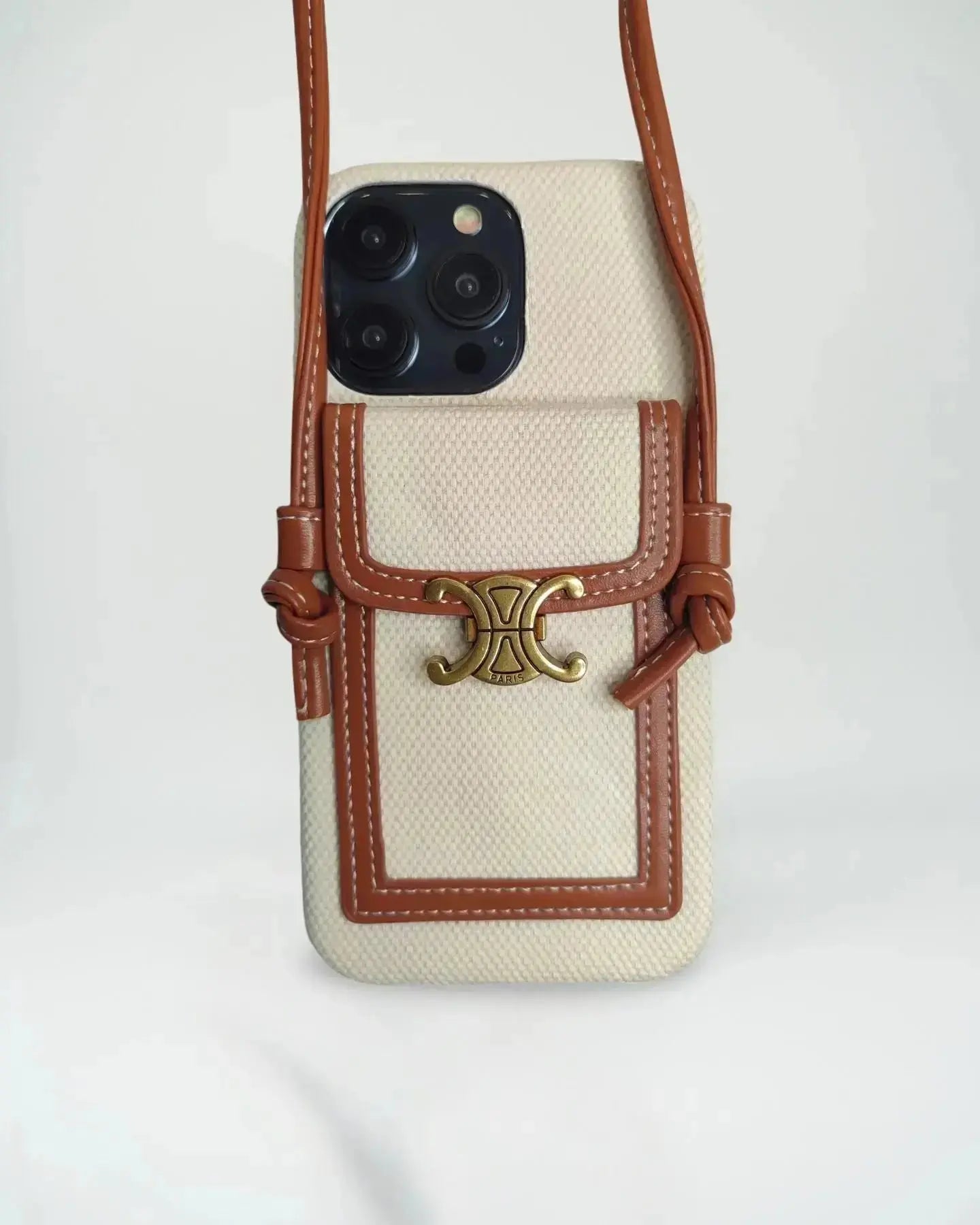 Celine-Inspired Lunéa Crossbody iPhone 16 Pro Max Case – Luxury Canvas & Leather Pouch with Gold Parisian Emblem - SereneShop