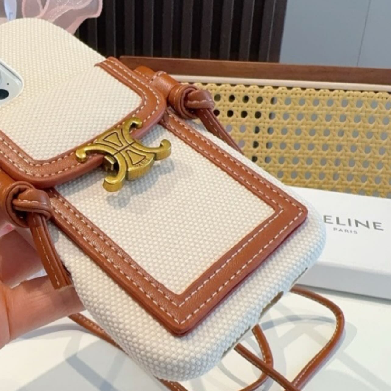 Celine-Inspired Lunéa Crossbody iPhone 16 Pro Max Case – Luxury Canvas & Leather Pouch with Gold Parisian Emblem