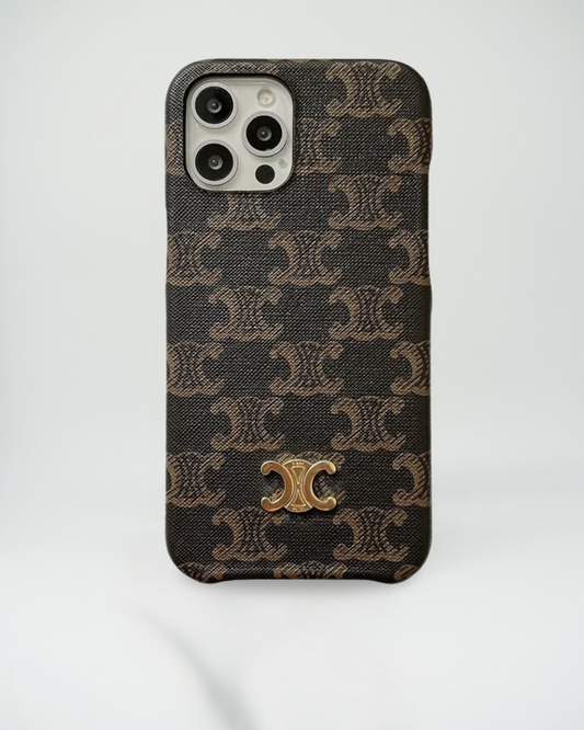 Triomphe Deep Brown Celine iPhone 16 Pro Max Case - Gold Monogram On Canvas