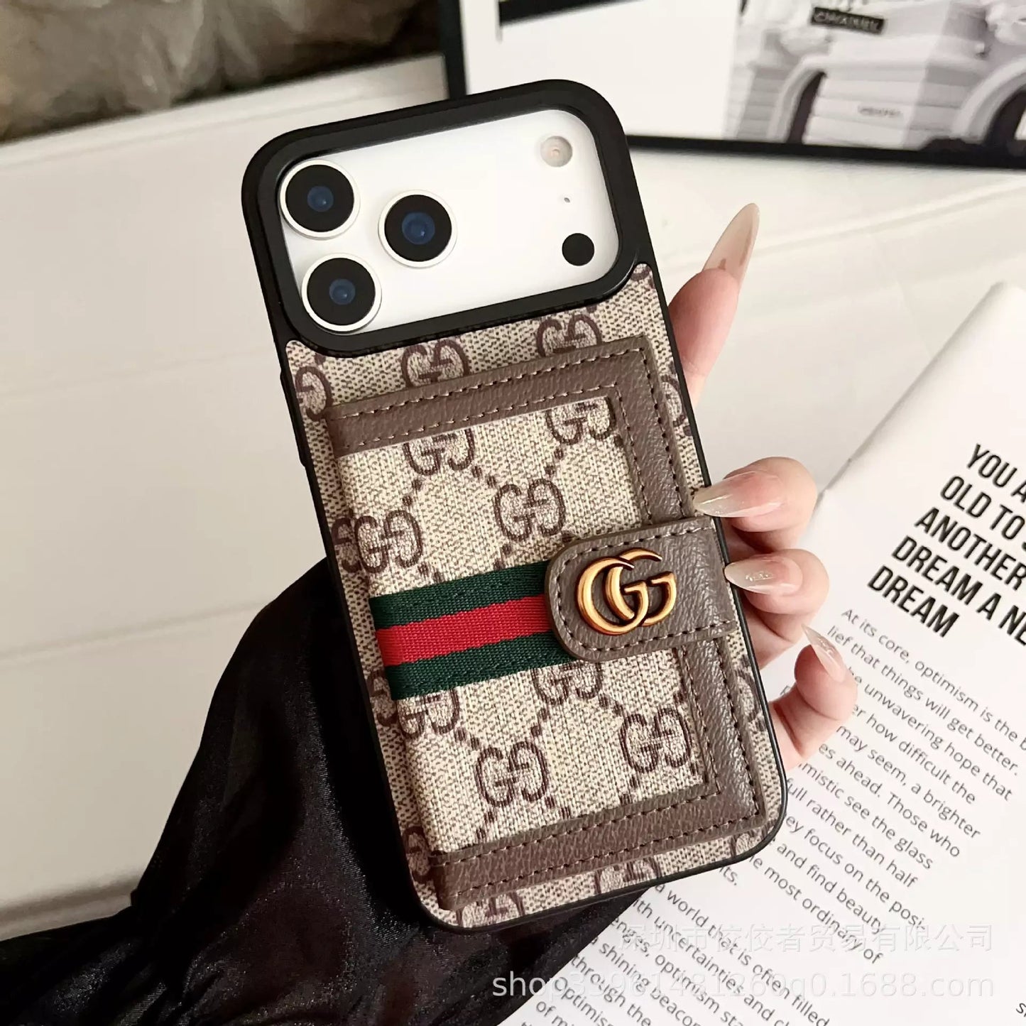 Gucci GG Supreme Wallet Case for iPhone 17 Pro Max – Beige & Ebony Card Holder, Web Stripe, Luxury Protective Cover SereneShop
