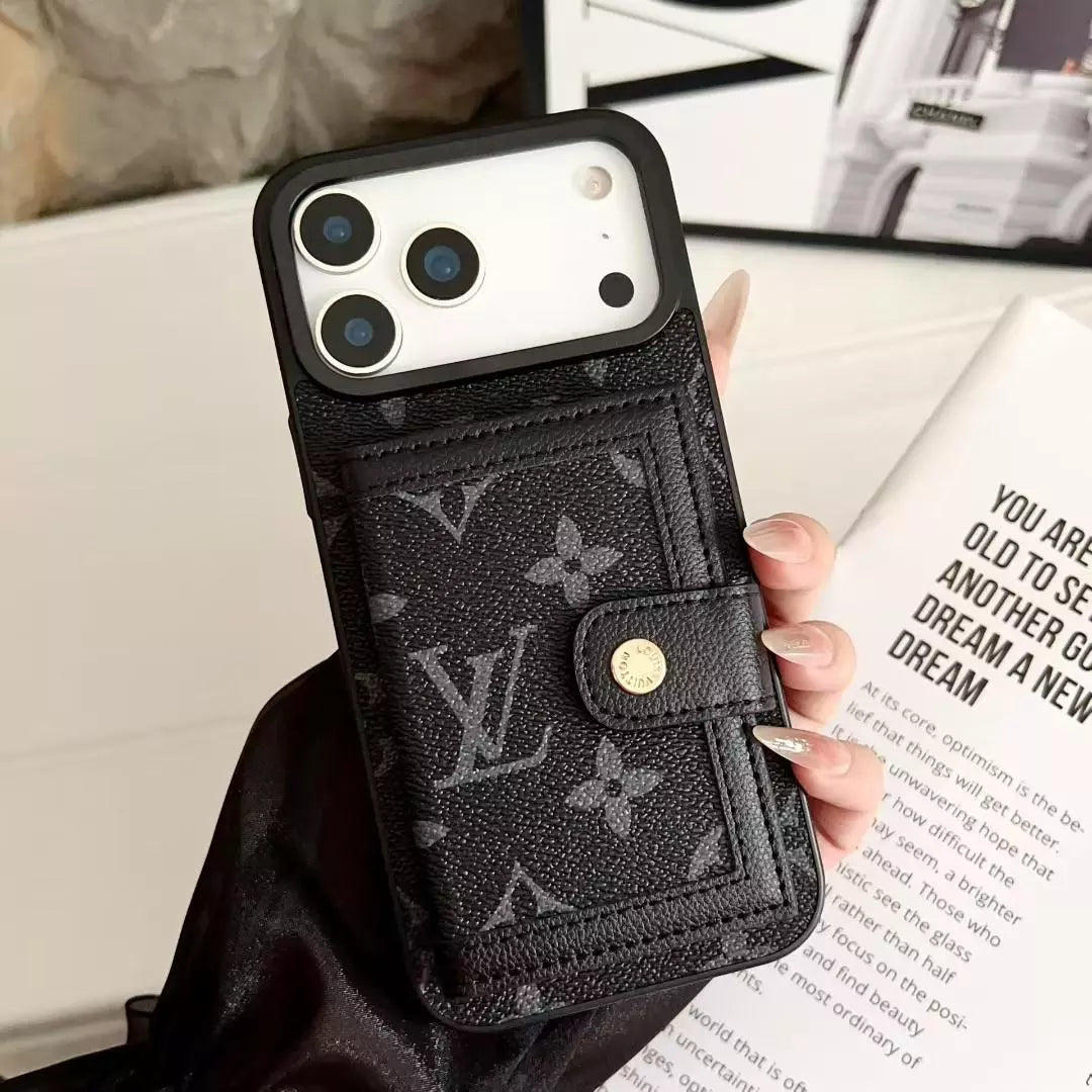 Louis Vuitton for iPhone 17 Pro Max Monogram Eclipse Wallet Case – Luxury Black Card Holder, Classic LV Logo SereneShop