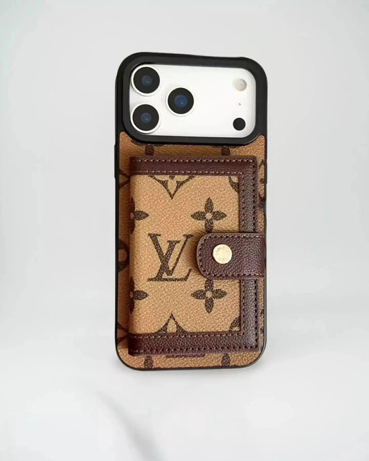 Louis Vuitton Damier Ebene Wallet Case for iPhone 17 Pro Max – Brown Checkered Card Holder, Luxury Protective Cover SereneShop