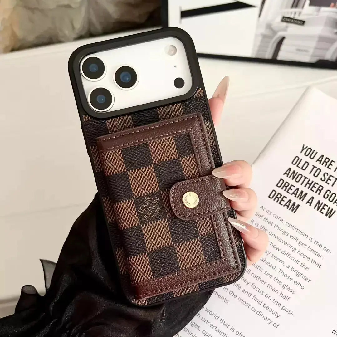 Louis Vuitton Damier Ebene Wallet Case for iPhone 17 Pro Max – Brown Checkered Card Holder, Luxury Protective Cover SereneShop