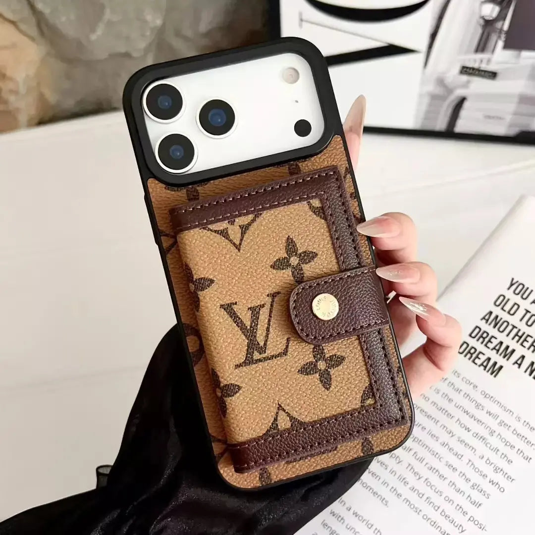 Louis Vuitton Monogram Reverse Canvas Wallet Case for iPhone 17 Pro Max – Light Tan Card Holder, Luxury Protective Cover SereneShop