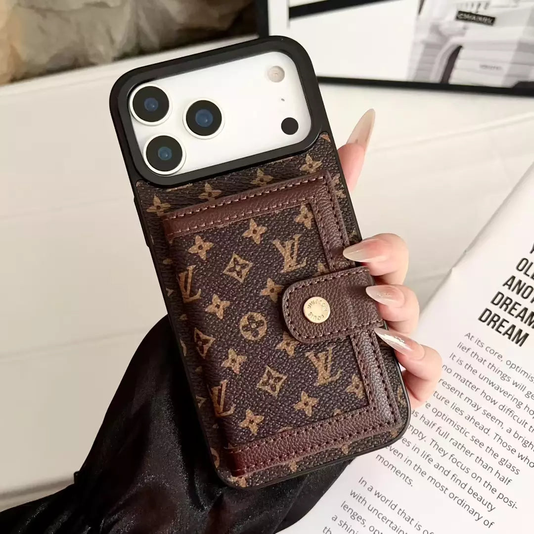 Louis Vuitton Monogram Canvas Wallet Case for iPhone 17 Pro Max – Classic Brown Card Holder, Luxury Protective Cover SereneShop