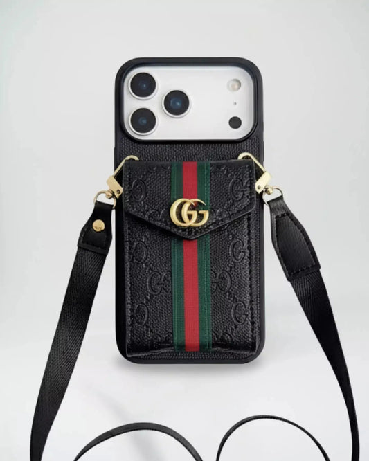 Gucci Black GG Marmont Wallet Case with Strap for iPhone 17 Pro Max – Luxury Card Holder, Web Stripe, Designer Protective Cover