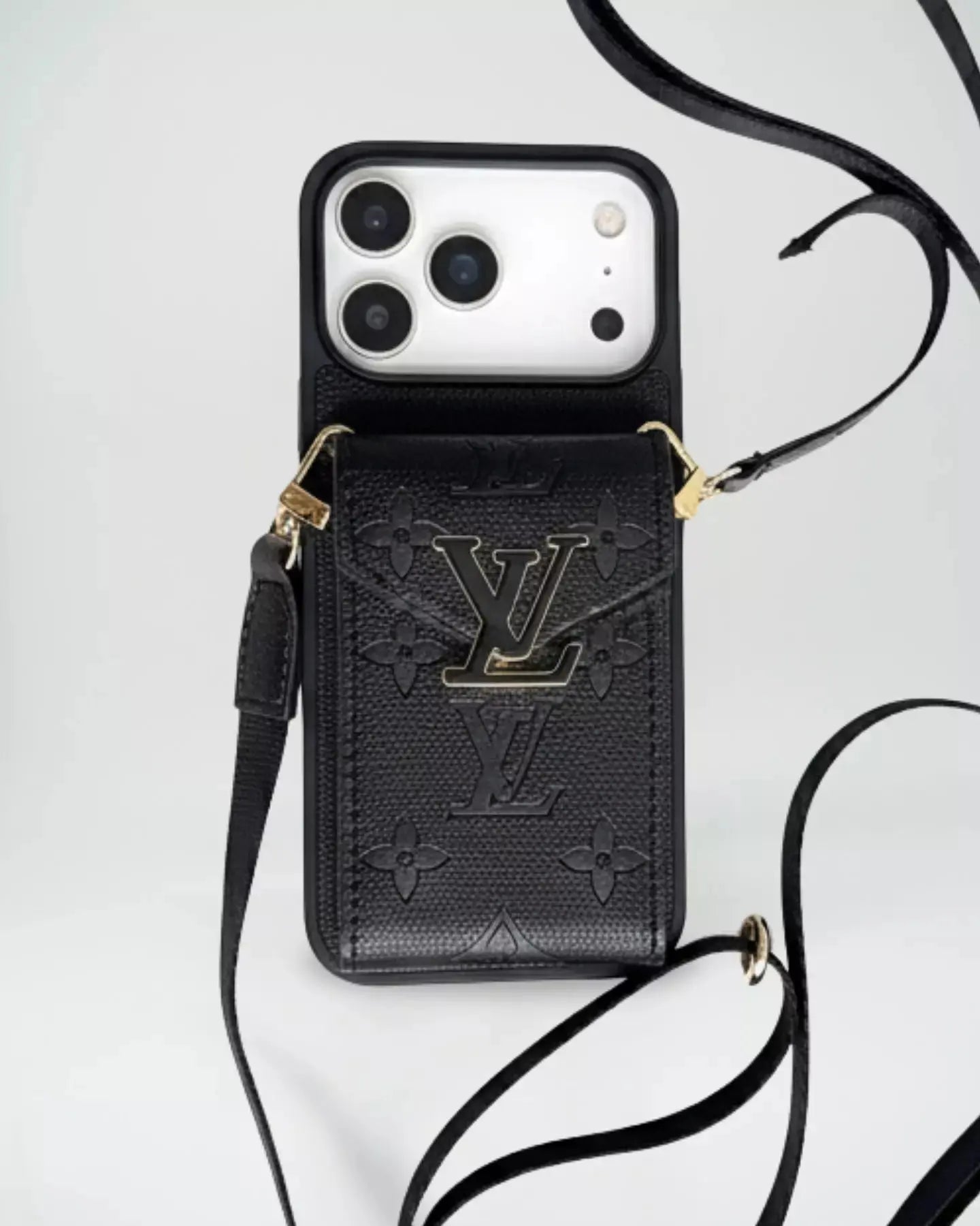 Louis Vuitton Monogram Empreinte Black Wallet Case with Strap for iPhone 17 Pro Max – Luxury Designer Card Holder, Crossbody Cover SereneShop