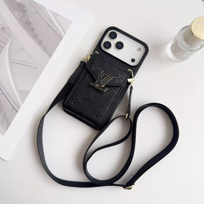 Louis Vuitton Monogram Empreinte Black Wallet Case with Strap for iPhone 17 Pro Max – Luxury Designer Card Holder, Crossbody Cover SereneShop