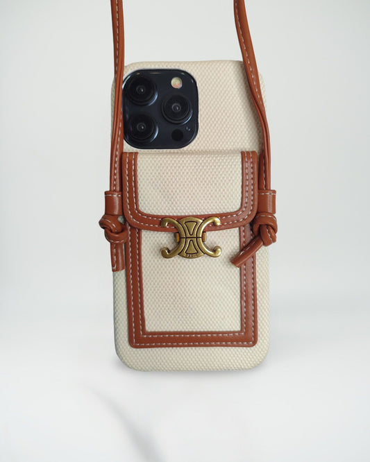 Celine-Inspired Lunéa Crossbody iPhone 16 Pro Max Case – Luxury Canvas & Leather Pouch with Gold Parisian Emblem